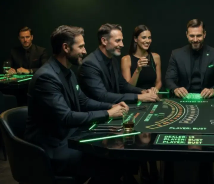 Podświetlony stół blackjack w ciemnozielonym lounge restauracji Kragovelario