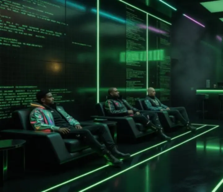 Matrixowa atmosfera sali restauracyjnej z ciemnozielonym światłem i techwearową scenografią