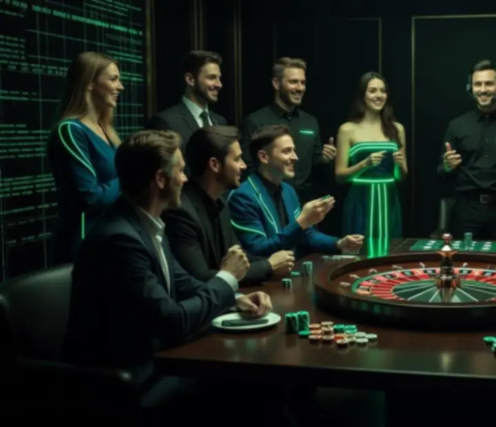 Grupa firmowa przy ruletkowym stole w restauracji Kragovelario
