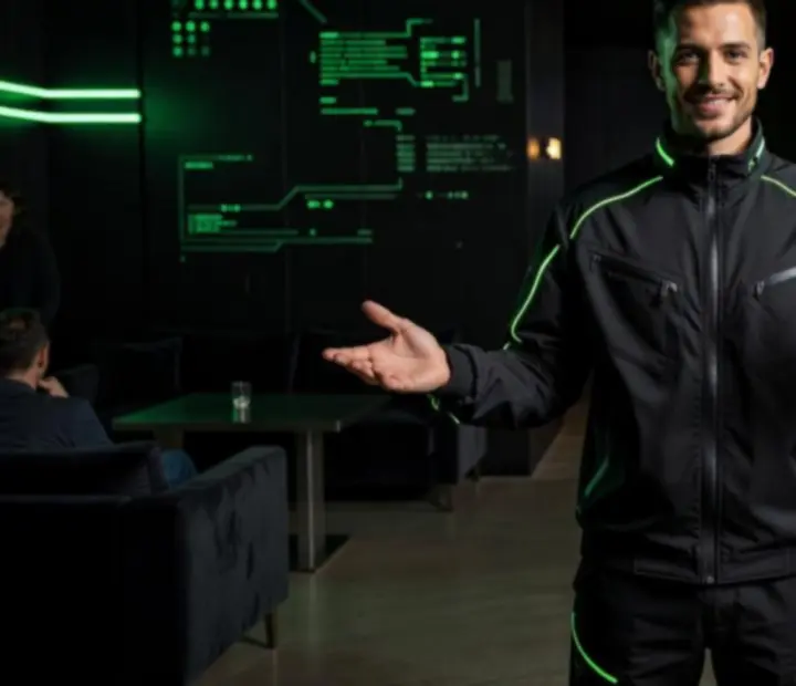 Gospodarz pokerowego wieczoru w stylu techwear w restauracji Kragovelario