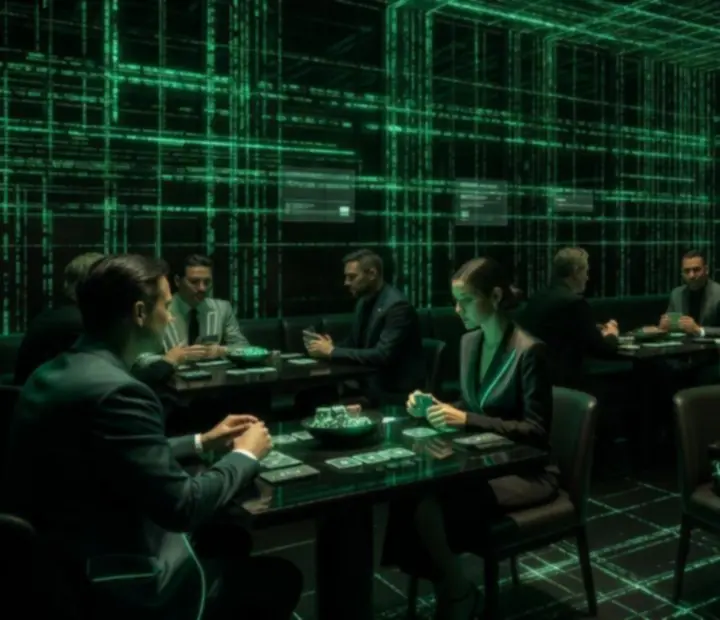 Matrixowy lounge restauracyjny Kragovelario z podświetlonymi stołami