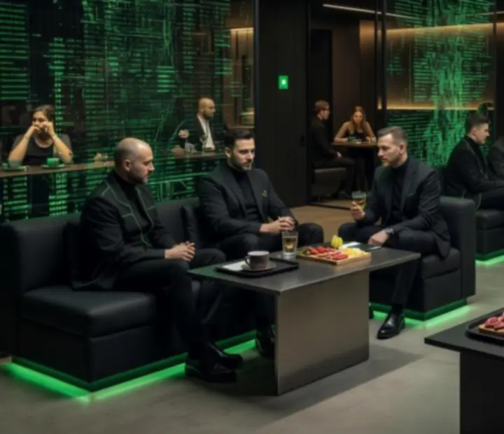 Lounge'owa strefa Kragovelario z ciemnym, technologicznym wystrojem przygotowana na networking zespołów