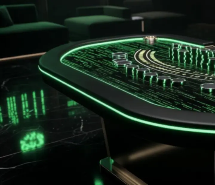 Centralny stół blackjack z podświetleniem LED i stylowymi żetonami w restauracji Kragovelario
