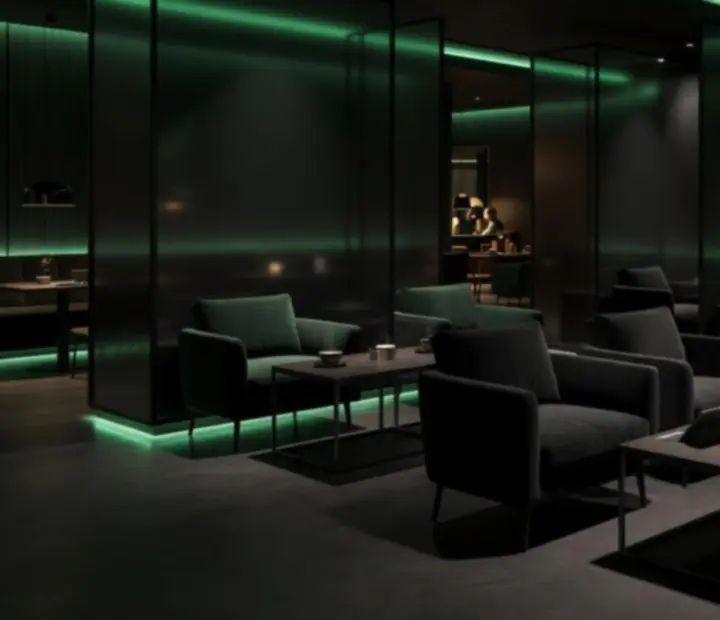 Strefa relaksu w stylu lounge z fotelami i widokiem na główny parkiet